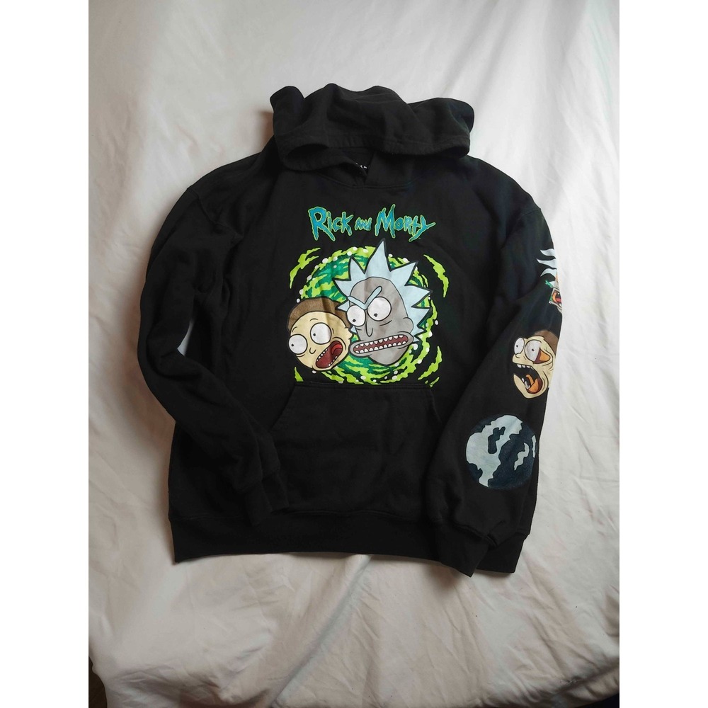 Rick and Morty Hoodie Mens M Black Graphic Eclectic Grandpa Cartooncore 90s